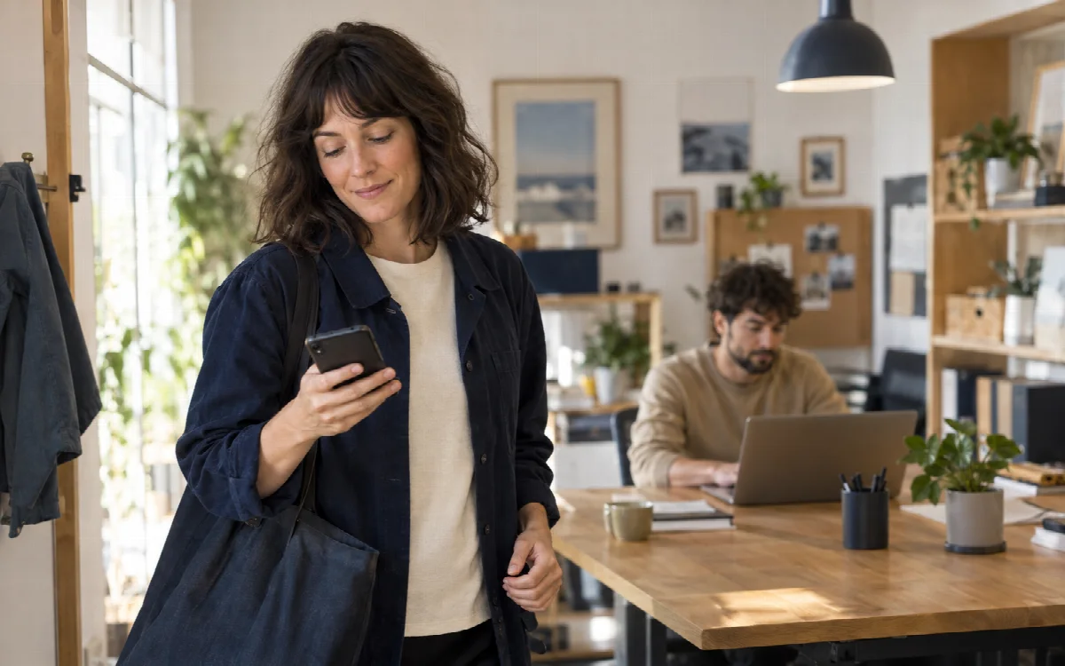 Dos personas en su lugar de trabajo, con el móvil y el portátil.
